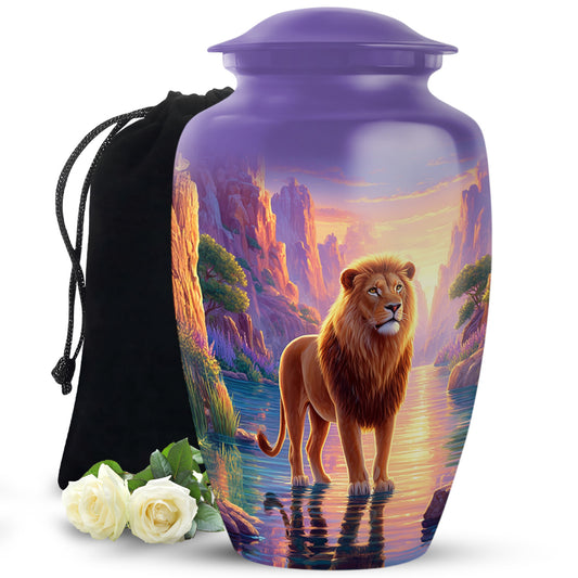 Lion Sunset Funeral Urn - Purple Aluminium Cremation Urn For Human Ashes