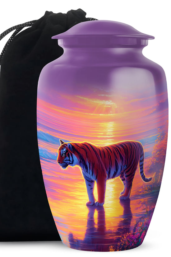 Tiger Themed Memorial Urn - Sunset Scene Cremation Urn For Adult Ashes
