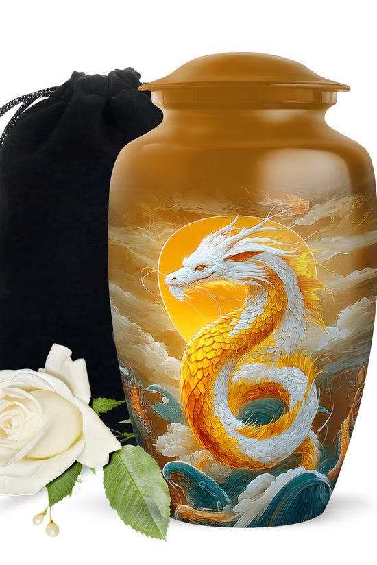 White Gold Dragon Cremation Urn - Aluminium Funeral Urn For Ashes