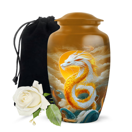 White Gold Dragon Cremation Urn - Aluminium Funeral Urn For Ashes