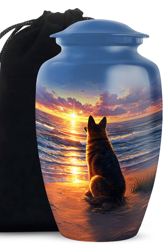 German Shepherd Tribute Funeral Urn - Ocean Sunset Memorial For Dog Ashes