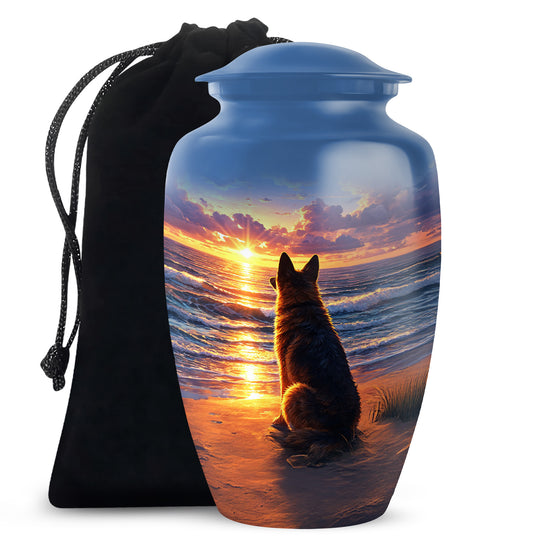 German Shepherd Tribute Funeral Urn - Ocean Sunset Memorial For Dog Ashes