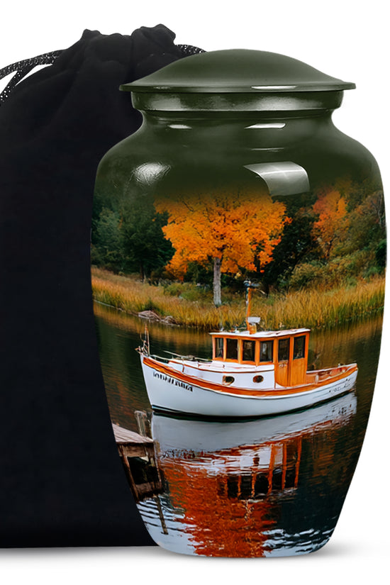 Boat Scenic Cremation Urn - Autumn Lake Memorial Urn For Ashes