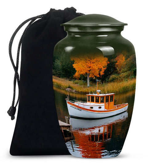 Boat Scenic Cremation Urn - Autumn Lake Memorial Urn For Ashes