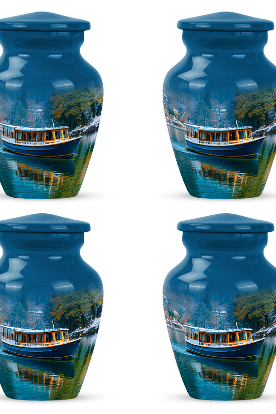 Serene Blue Boat Cremation Urn side profile showing urn shape - traditional boat engraving with hand-polished finish - 10 inch aluminum urn for cremated remains