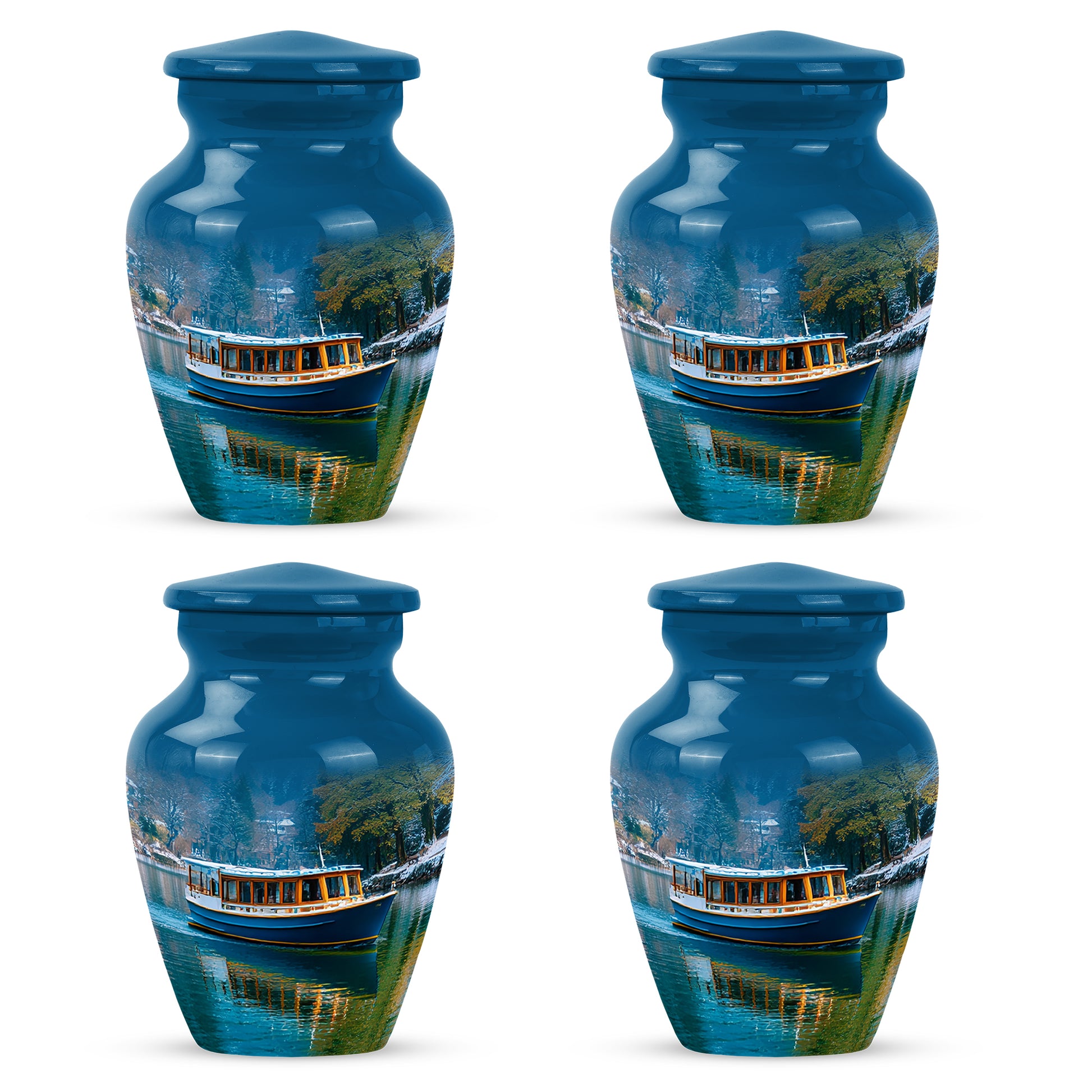 Serene Blue Boat Cremation Urn side profile showing urn shape - traditional boat engraving with hand-polished finish - 10 inch aluminum urn for cremated remains