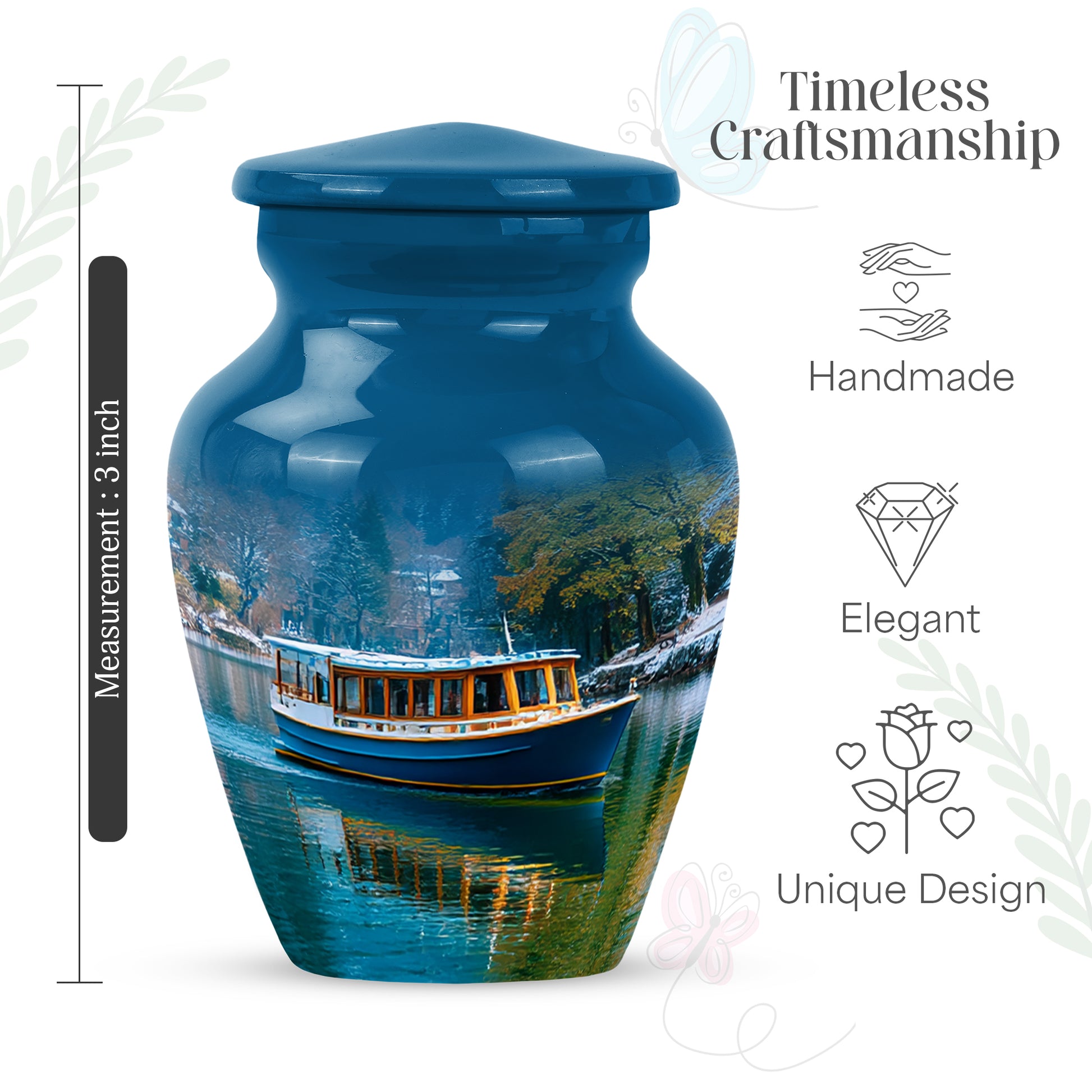 Dusty Blue Boat Cremation Urn close-up of engraving and surface detail - timeless boat motif etched into premium metal - mini keepsake memorial for portion of cremation ashes