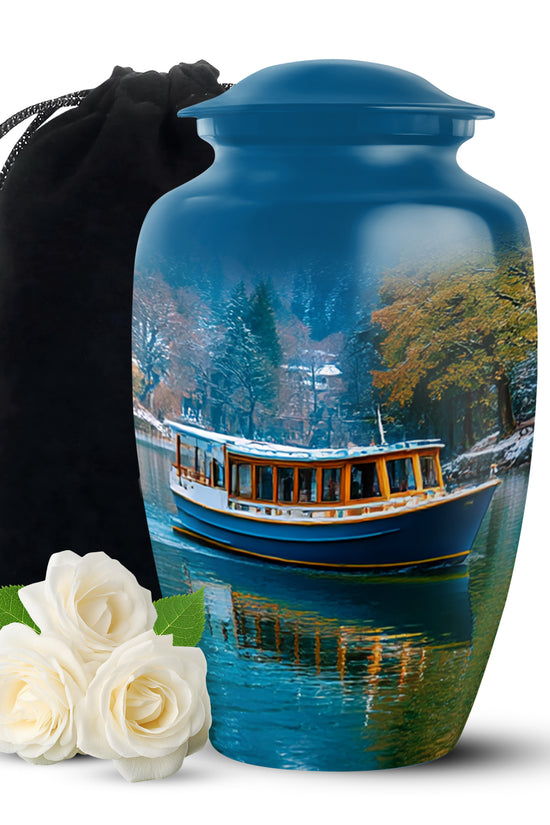 Serene Blue Boat Cremation Urn angled view of lid and engraved motif - elegant classic boat relief with fine detailing - full-size 10 inch 200 cubic inch adult cremation urn