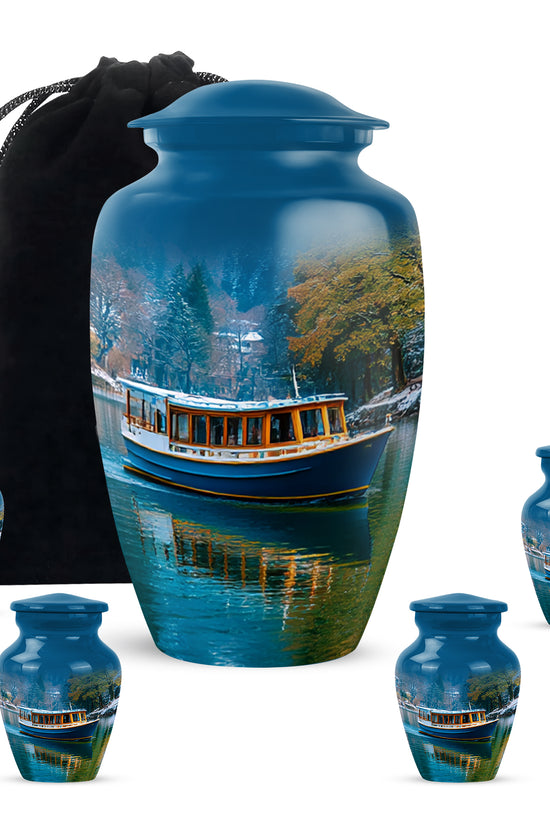 Indigo Boat Cremation Urn top-down view of secure threaded lid - classic sculpted boat pattern on smooth aluminum - memorial set with one large and four small urns