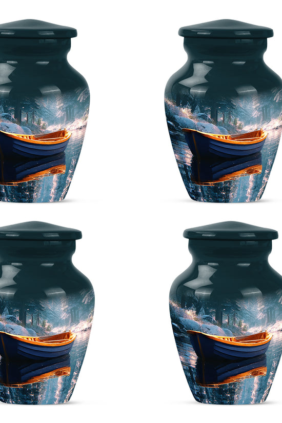 Cool Teal Boat Cremation Urn side profile showing urn shape - classic sculpted boat pattern on smooth aluminum - 10 inch aluminum urn for cremated remains