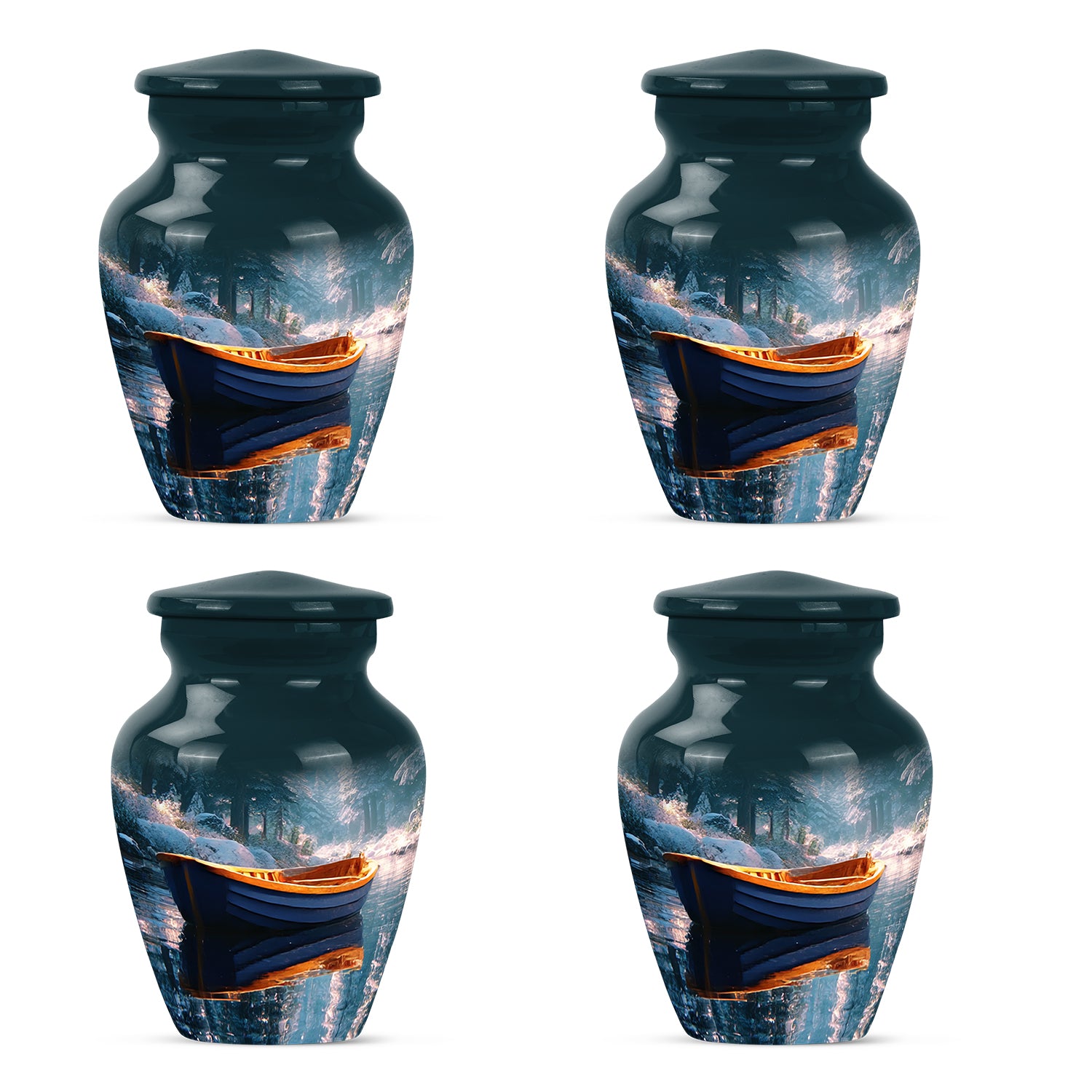 Cool Teal Boat Cremation Urn side profile showing urn shape - classic sculpted boat pattern on smooth aluminum - 10 inch aluminum urn for cremated remains