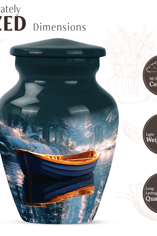 Mystic Teal Boat Cremation Urn close-up of engraving and surface detail - elegant classic boat relief with fine detailing - mini keepsake memorial for portion of cremation ashes