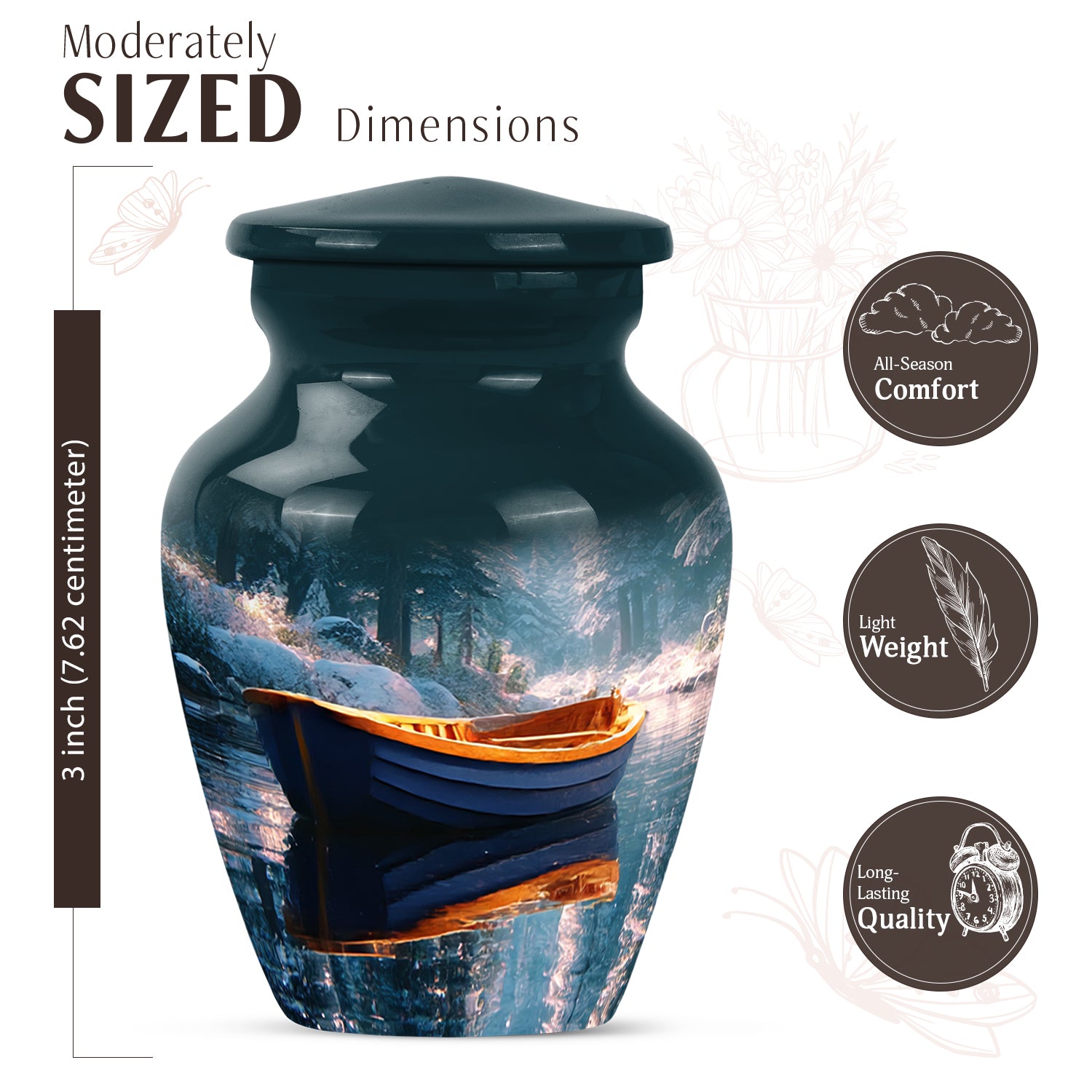 Mystic Teal Boat Cremation Urn close-up of engraving and surface detail - elegant classic boat relief with fine detailing - mini keepsake memorial for portion of cremation ashes