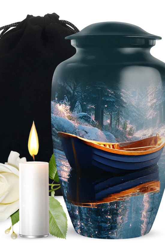 Deep Teal Boat Cremation Urn angled view of lid and engraved motif - traditional boat engraving with hand-polished finish - full-size 10 inch 200 cubic inch adult cremation urn