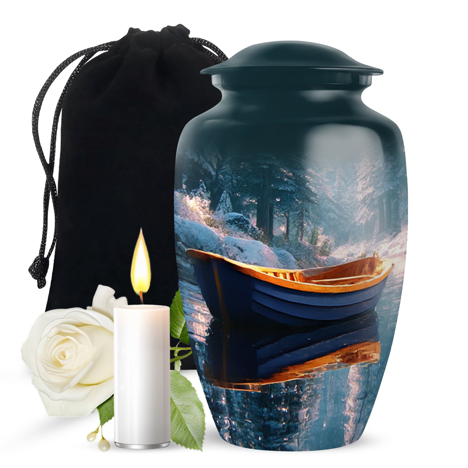 Deep Teal Boat Cremation Urn angled view of lid and engraved motif - traditional boat engraving with hand-polished finish - full-size 10 inch 200 cubic inch adult cremation urn
