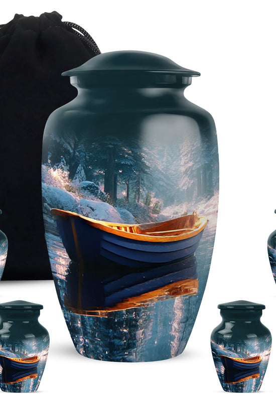 Vivid Teal Boat Cremation Urn top-down view of secure threaded lid - traditional boat engraving with hand-polished finish - memorial set with one large and four small urns
