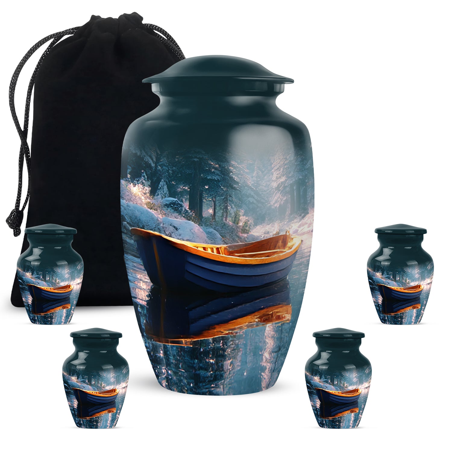 Vivid Teal Boat Cremation Urn top-down view of secure threaded lid - traditional boat engraving with hand-polished finish - memorial set with one large and four small urns