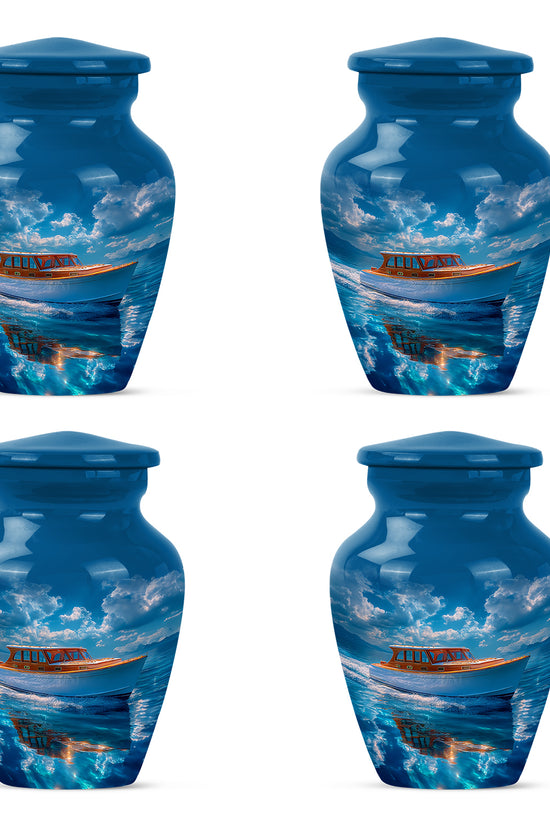 Steel Blue Boat Cremation Urn side profile showing urn shape - traditional boat engraving with hand-polished finish - 10 inch aluminum urn for cremated remains
