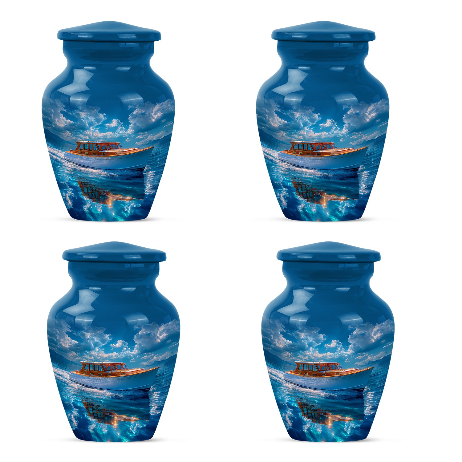 Steel Blue Boat Cremation Urn side profile showing urn shape - traditional boat engraving with hand-polished finish - 10 inch aluminum urn for cremated remains