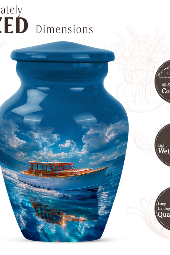 Slate Blue Boat Cremation Urn close-up of engraving and surface detail - classic sculpted boat pattern on smooth aluminum - mini keepsake memorial for portion of cremation ashes