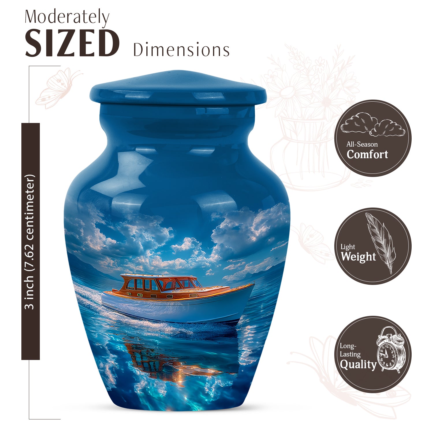 Slate Blue Boat Cremation Urn close-up of engraving and surface detail - classic sculpted boat pattern on smooth aluminum - mini keepsake memorial for portion of cremation ashes