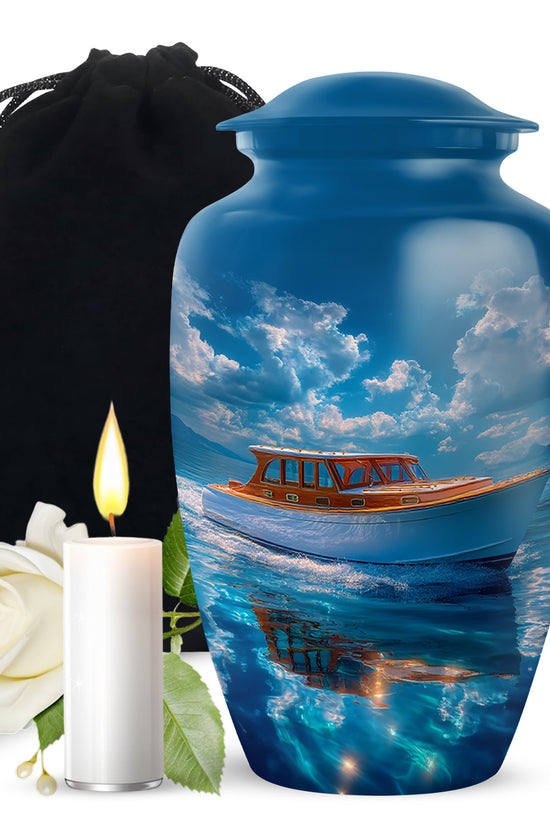 Calming Blue Boat Cremation Urn angled view of lid and engraved motif - elegant classic boat relief with fine detailing - full-size 10 inch 200 cubic inch adult cremation urn