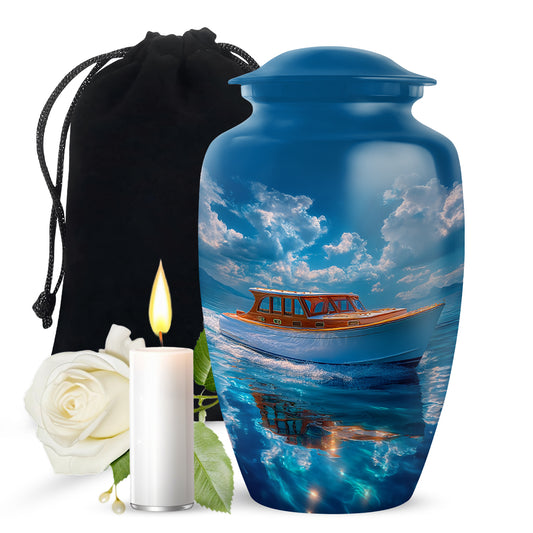 Calming Blue Boat Cremation Urn angled view of lid and engraved motif - elegant classic boat relief with fine detailing - full-size 10 inch 200 cubic inch adult cremation urn