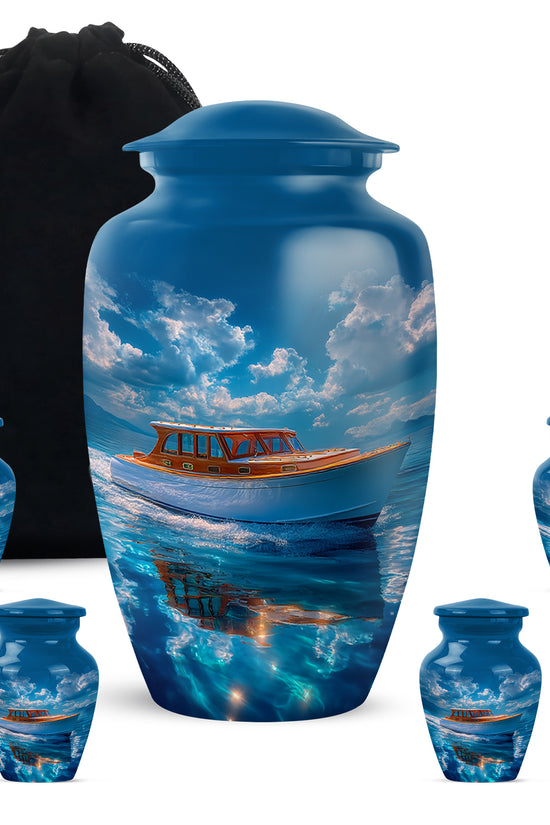 Soft Blue Boat Cremation Urn top-down view of secure threaded lid - traditional boat engraving with hand-polished finish - memorial set with one large and four small urns