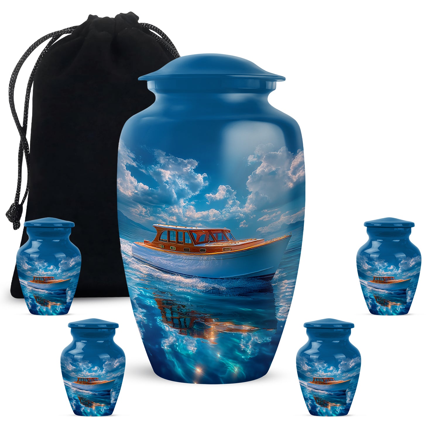 Soft Blue Boat Cremation Urn top-down view of secure threaded lid - traditional boat engraving with hand-polished finish - memorial set with one large and four small urns