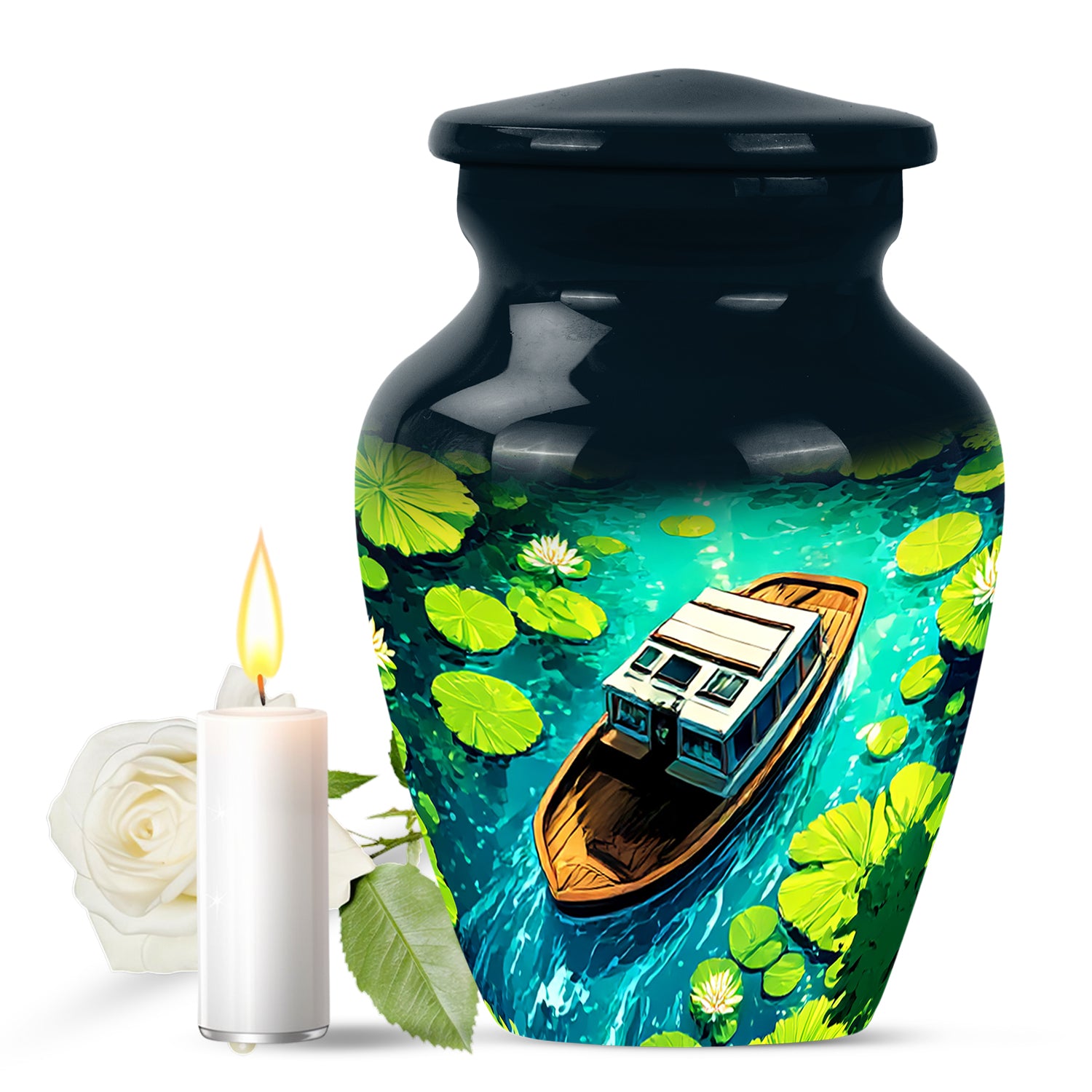 Personalized Blue Cherished Boat Cremation Urns for Human Ashes - 10-inch, 200 cu in - Karyliz