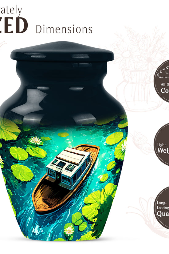 Steel Blue Boat Cremation Urn close-up of engraving and surface detail - elegant classic boat relief with fine detailing - mini keepsake memorial for portion of cremation ashes