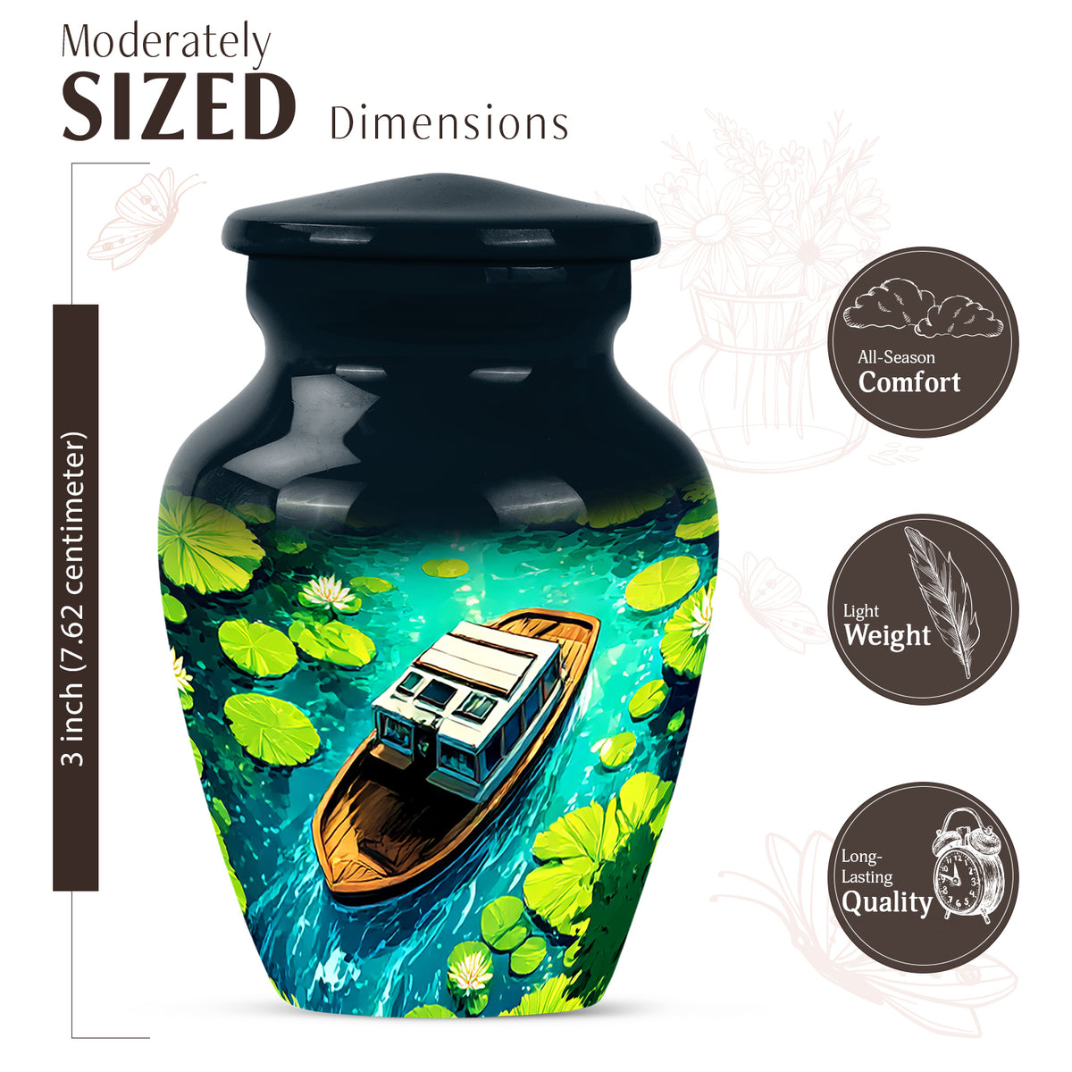 Steel Blue Boat Cremation Urn close-up of engraving and surface detail - elegant classic boat relief with fine detailing - mini keepsake memorial for portion of cremation ashes