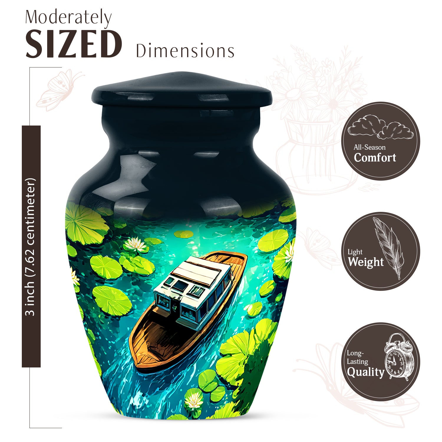 Steel Blue Boat Cremation Urn close-up of engraving and surface detail - elegant classic boat relief with fine detailing - mini keepsake memorial for portion of cremation ashes