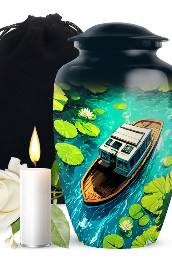 Cornflower Blue Boat Cremation Urn angled view of lid and engraved motif - elegant classic boat relief with fine detailing - full-size 10 inch 200 cubic inch adult cremation urn