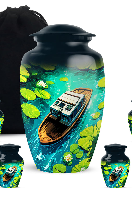 Navy Blue Boat Cremation Urn top-down view of secure threaded lid - timeless boat motif etched into premium metal - memorial set with one large and four small urns