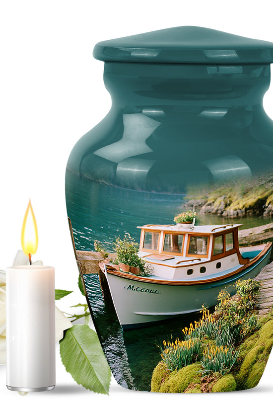 Teal Stately Boat Cremation Urns for Human Ashes - 10-inch, 200 cu in - Karyliz