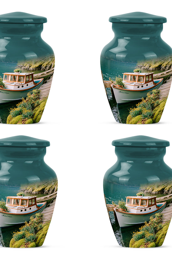 Vivid Teal Boat Cremation Urn side profile showing urn shape - traditional boat engraving with hand-polished finish - 10 inch aluminum urn for cremated remains