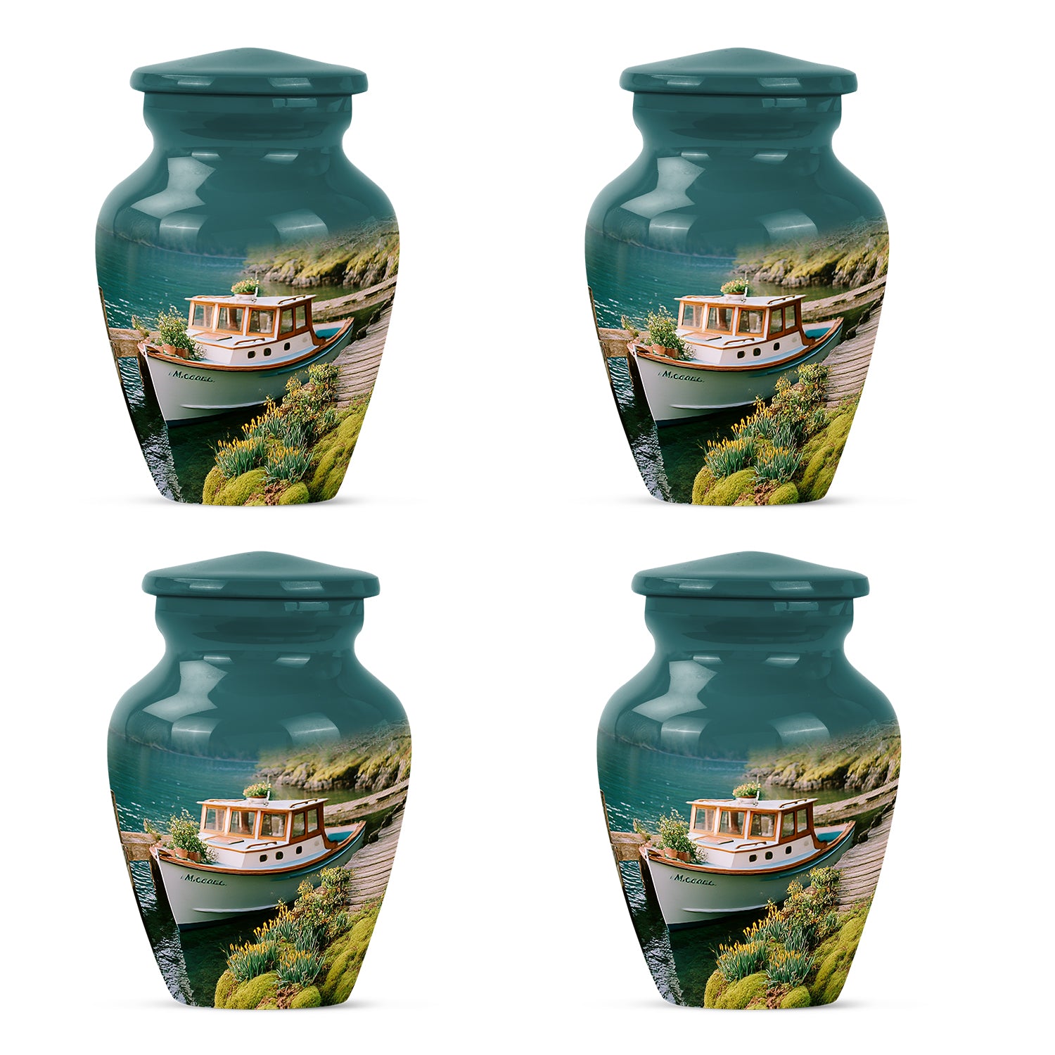 Vivid Teal Boat Cremation Urn side profile showing urn shape - traditional boat engraving with hand-polished finish - 10 inch aluminum urn for cremated remains