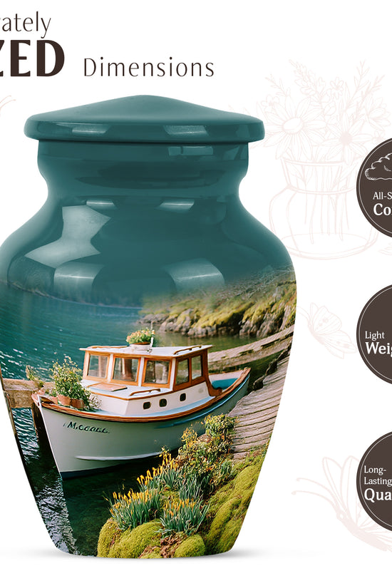 Aqua Teal Boat Cremation Urn close-up of engraving and surface detail - traditional boat engraving with hand-polished finish - mini keepsake memorial for portion of cremation ashes