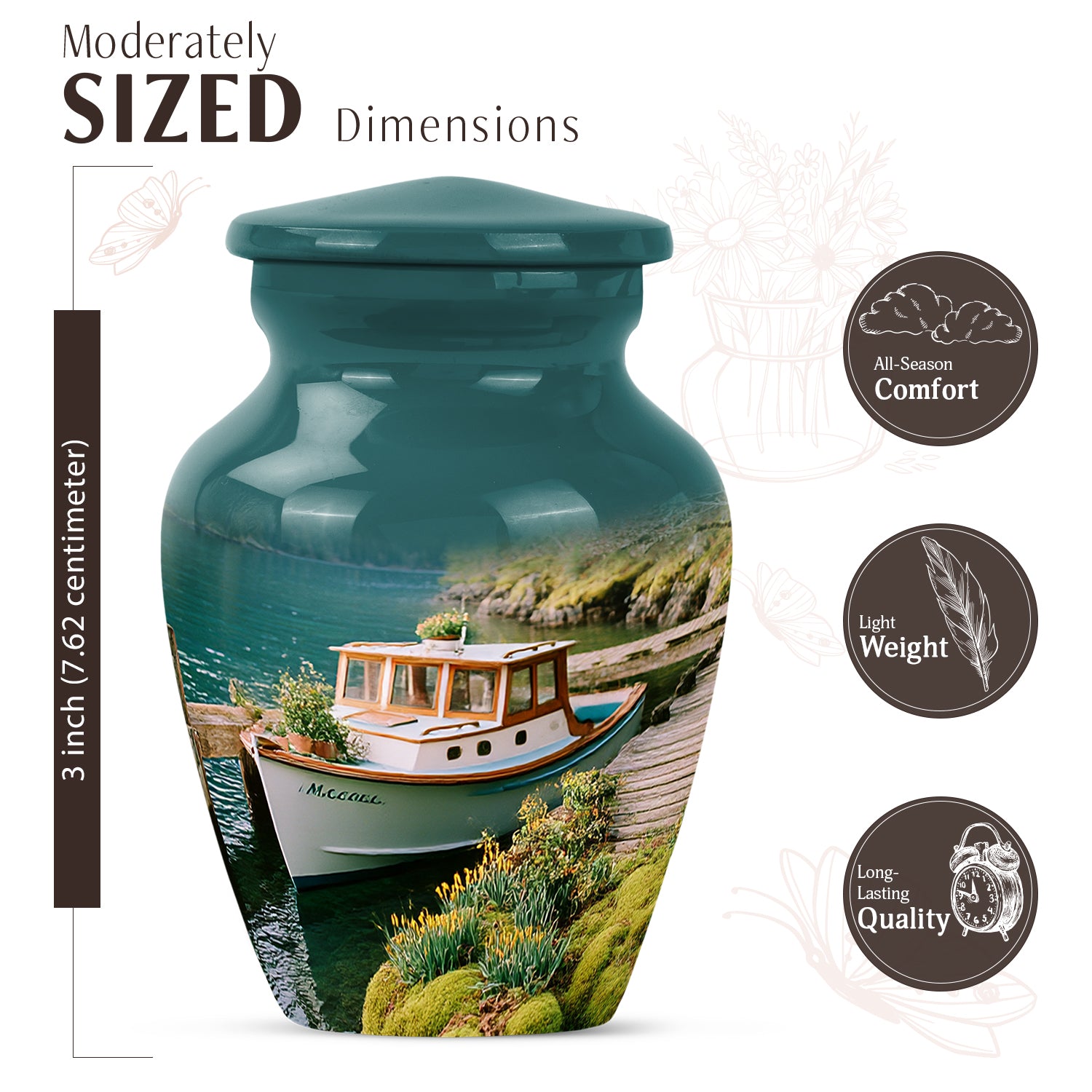 Aqua Teal Boat Cremation Urn close-up of engraving and surface detail - traditional boat engraving with hand-polished finish - mini keepsake memorial for portion of cremation ashes