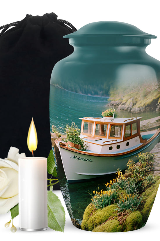 Tropical Teal Boat Cremation Urn angled view of lid and engraved motif - elegant classic boat relief with fine detailing - full-size 10 inch 200 cubic inch adult cremation urn