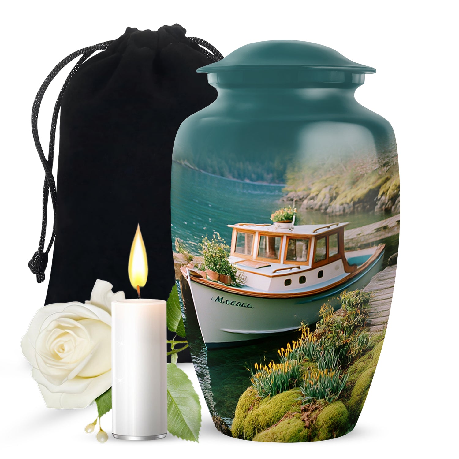 Tropical Teal Boat Cremation Urn angled view of lid and engraved motif - elegant classic boat relief with fine detailing - full-size 10 inch 200 cubic inch adult cremation urn