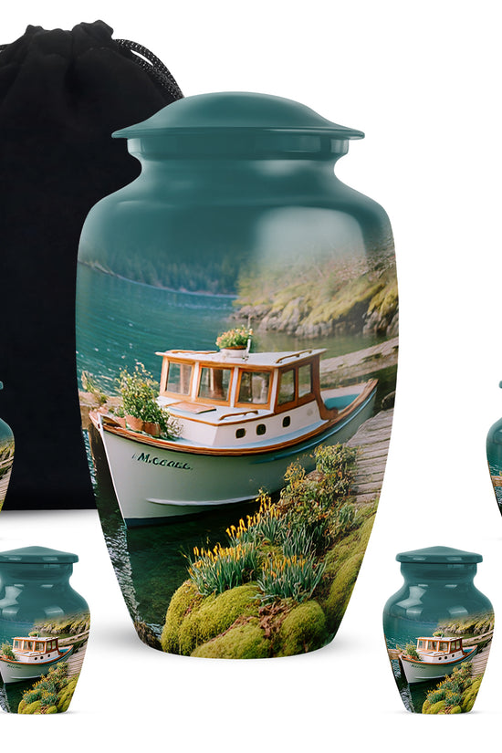 Mystic Teal Boat Cremation Urn top-down view of secure threaded lid - traditional boat engraving with hand-polished finish - memorial set with one large and four small urns