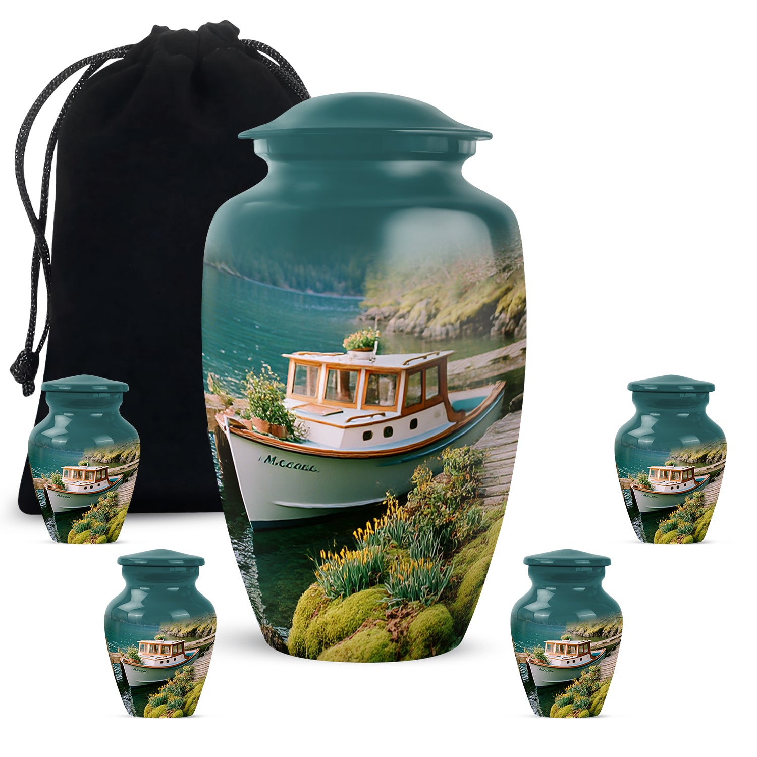 Mystic Teal Boat Cremation Urn top-down view of secure threaded lid - traditional boat engraving with hand-polished finish - memorial set with one large and four small urns