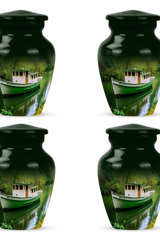 Jade Green Boat Cremation Urn side profile showing urn shape - timeless boat motif etched into premium metal - 10 inch aluminum urn for cremated remains