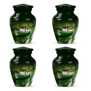 Jade Green Boat Cremation Urn side profile showing urn shape - timeless boat motif etched into premium metal - 10 inch aluminum urn for cremated remains