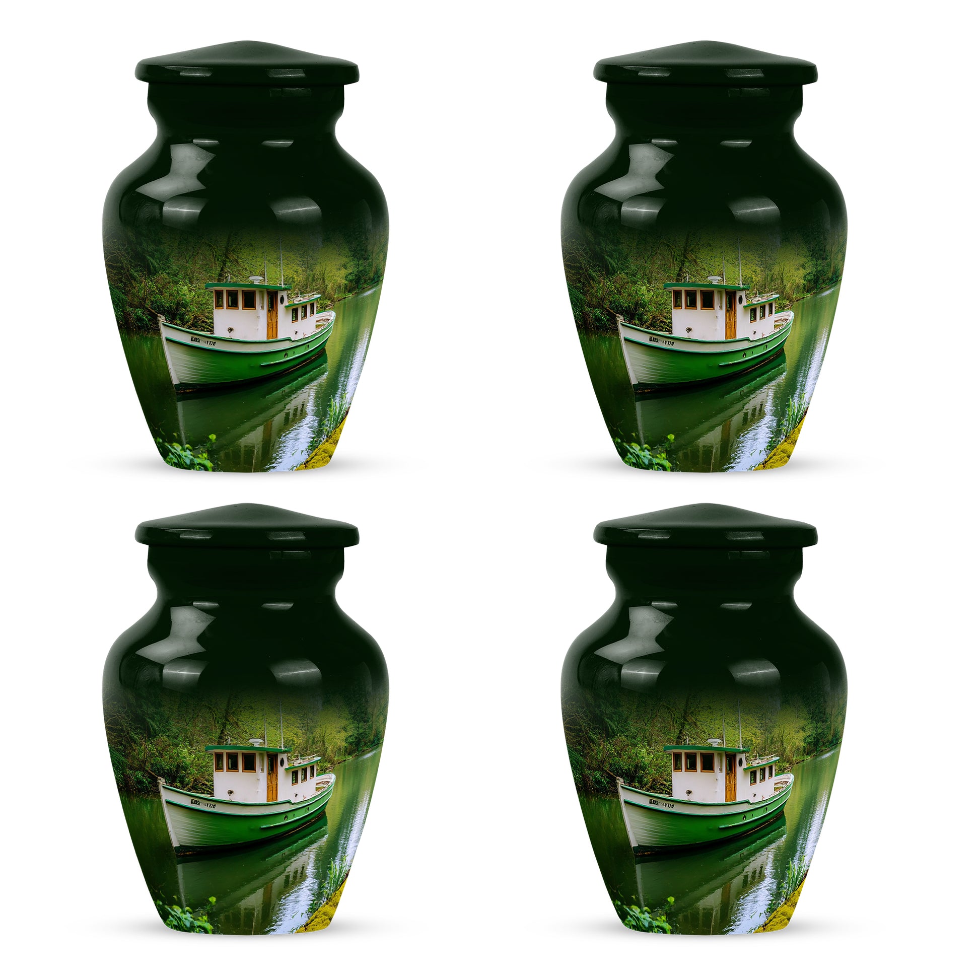 Jade Green Boat Cremation Urn side profile showing urn shape - timeless boat motif etched into premium metal - 10 inch aluminum urn for cremated remains