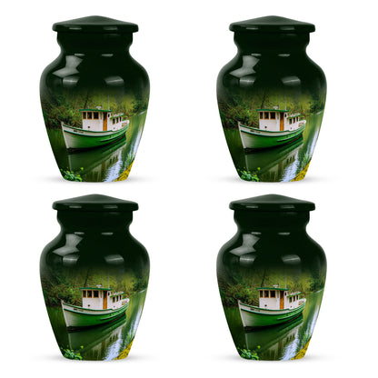 Jade Green Boat Cremation Urn side profile showing urn shape - timeless boat motif etched into premium metal - 10 inch aluminum urn for cremated remains