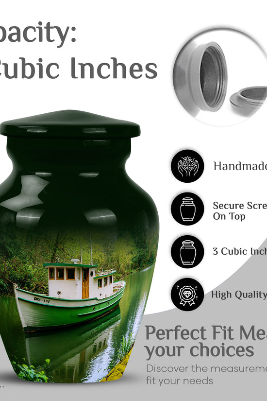 Verdant Green Boat Cremation Urn close-up of engraving and surface detail - classic sculpted boat pattern on smooth aluminum - mini keepsake memorial for portion of cremation ashes