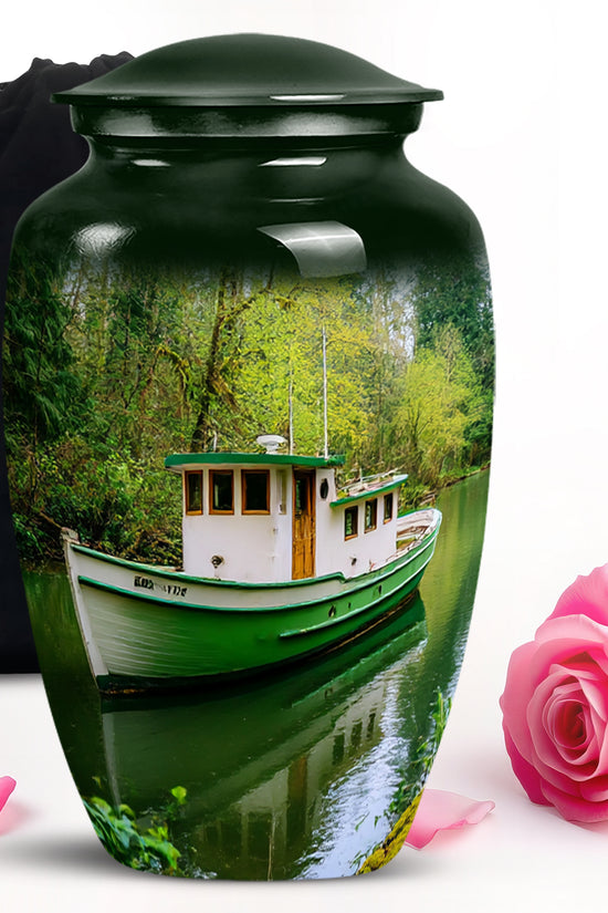Forest Green Boat Cremation Urn angled view of lid and engraved motif - traditional boat engraving with hand-polished finish - full-size 10 inch 200 cubic inch adult cremation urn